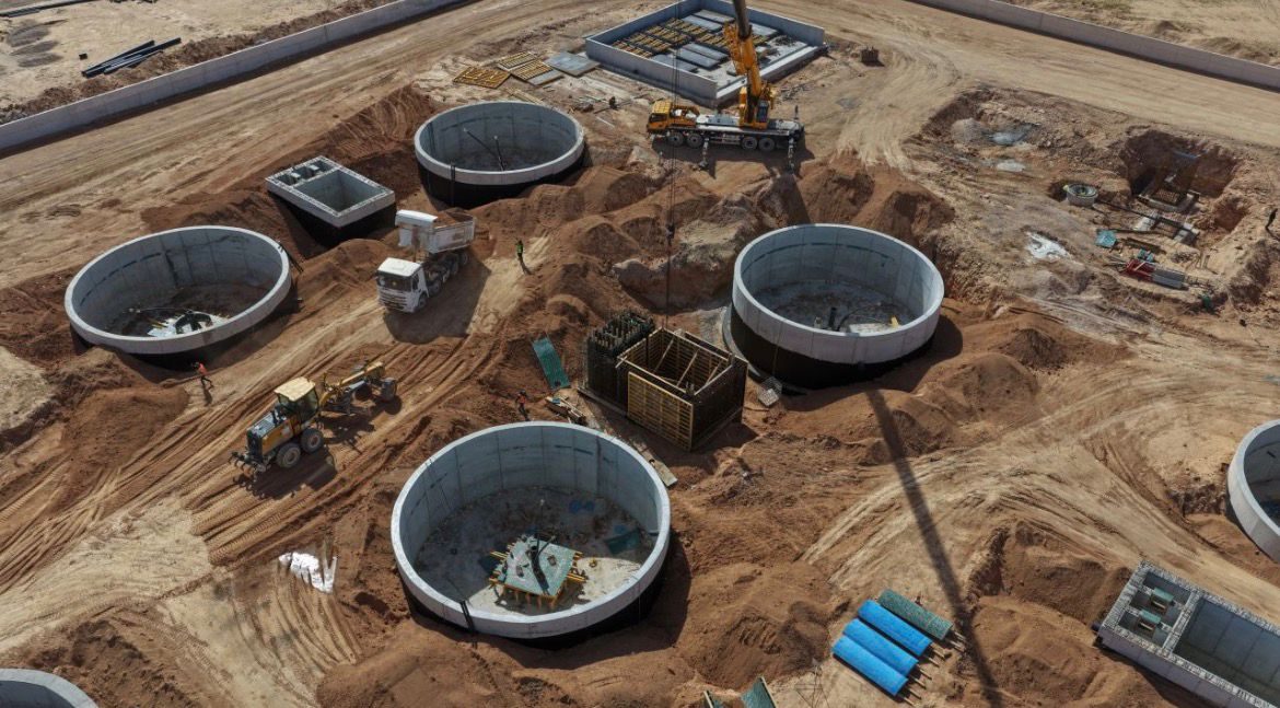 Water-treatment plant tanks — aerial progress view
