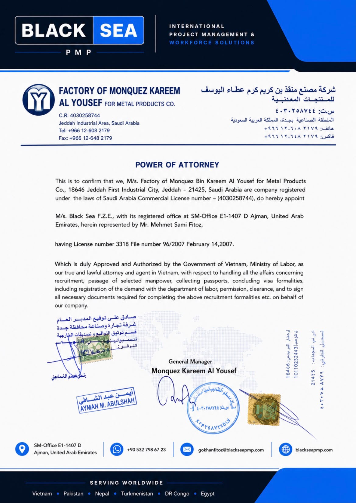Power of attorney from Al Yousef Metal Products Jeddah appointing Black Sea as recruitment agent in Vietnam