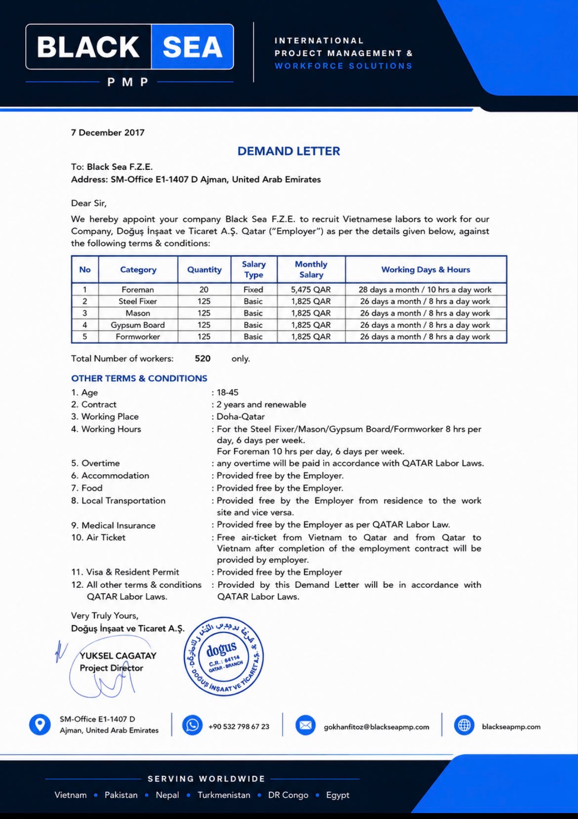 Doğuş İnşaat Qatar demand letter for 520 Vietnamese workers issued to Black Sea