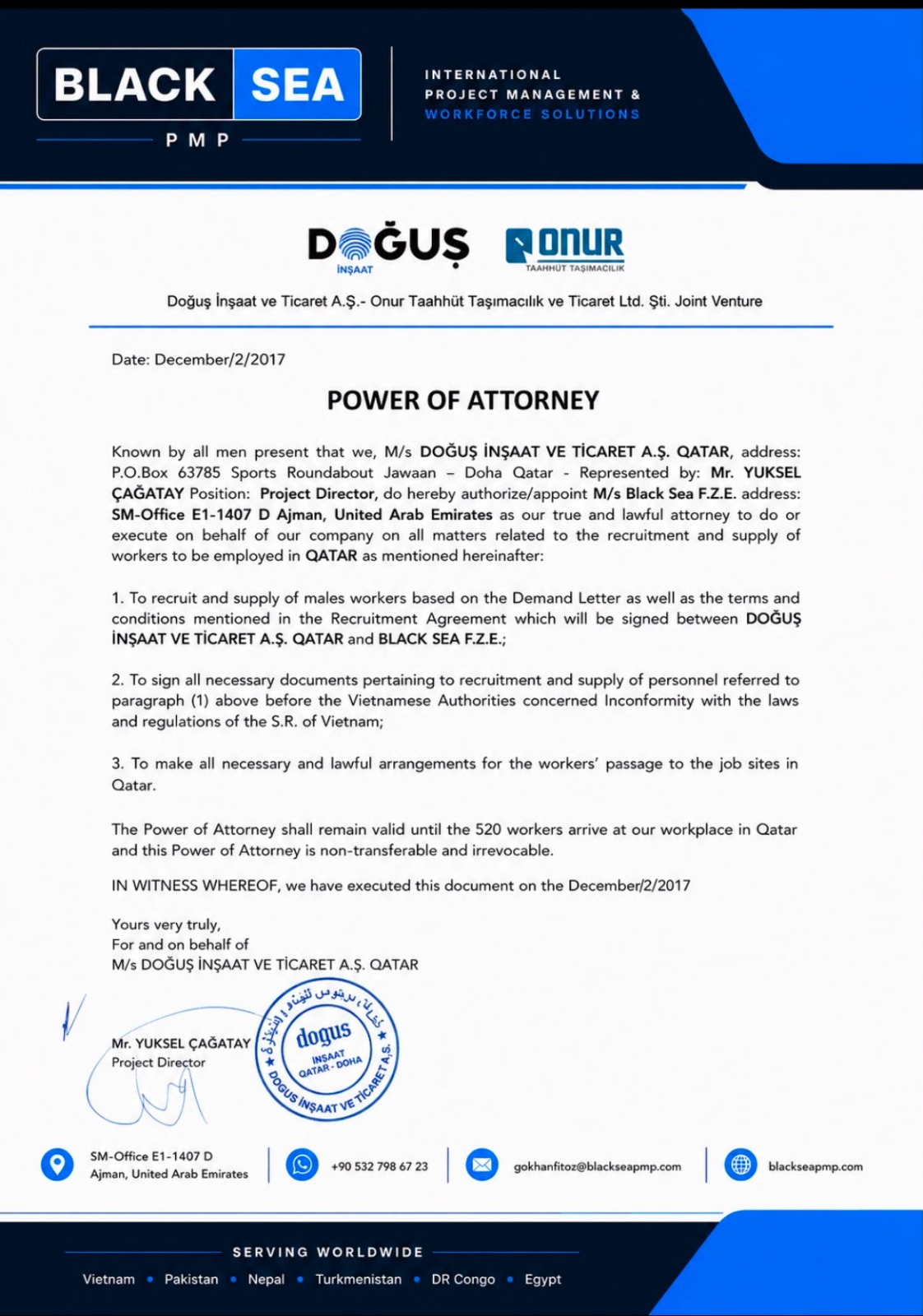 Power of attorney from Doğuş İnşaat–Onur Taahhüt joint venture appointing Black Sea for Qatar recruitment