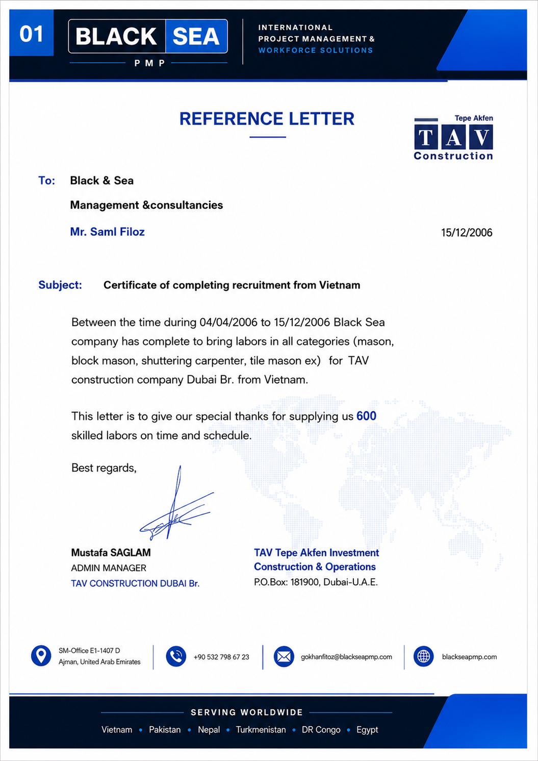 TAV Construction reference letter certifying 600 Vietnamese workers recruited by Black Sea, Dubai 2006